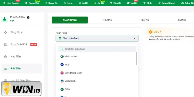 Đa dạng ngân hàng hỗ trợ cho hoạt động rút tiền 9Win