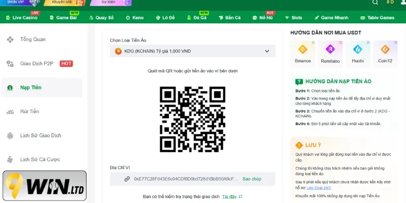 Giao diện nạp tiền 9Win bằng tiền ảo
