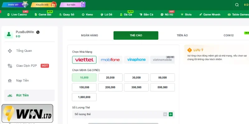 Giao diện rút tiền bằng thẻ cào hiện có tại 9Win
