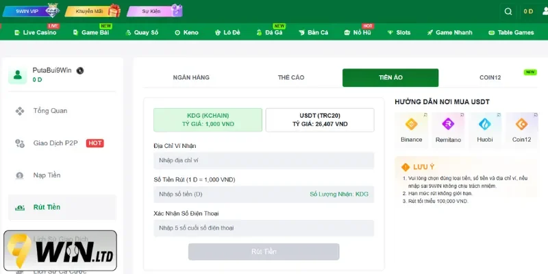 Hướng dẫn rút tiền 9Win qua tiền ảo