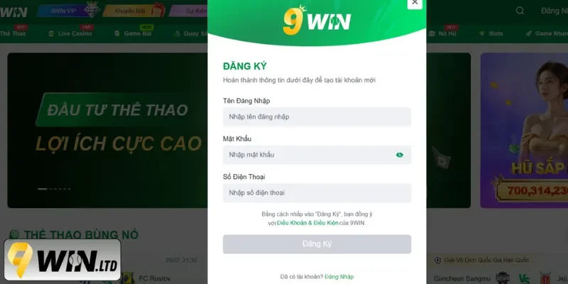 Người chơi cần điền các thông tin đăng ký 9Win