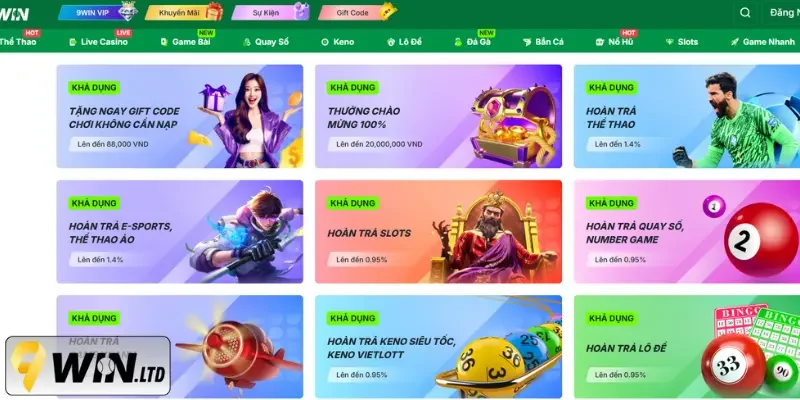 Tham gia săn hũ 9Win cùng cơ hội khuyến mãi hoàn tiền khủng