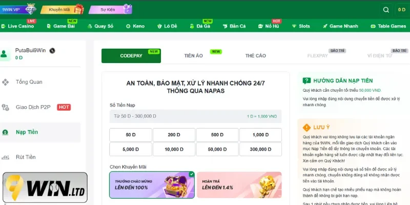 Thao tác nạp tiền 9Win bằng Codepay