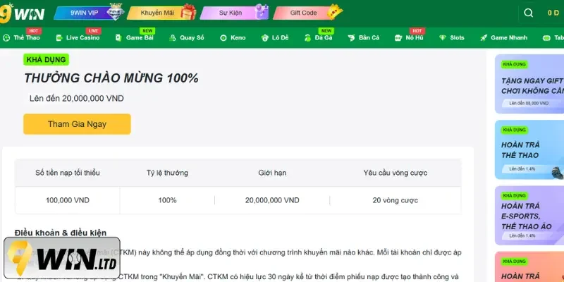 Thưởng chào mừng thành viên mới 9Win lên đến 100%