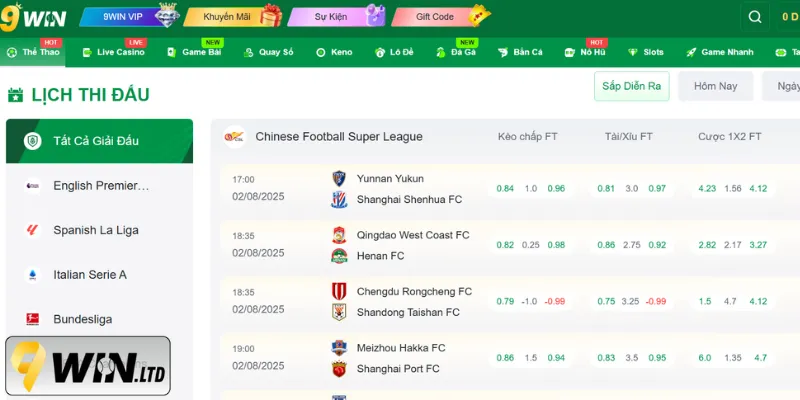 Bảng cược các giải đấu thể thao tại nhà cái 9Win