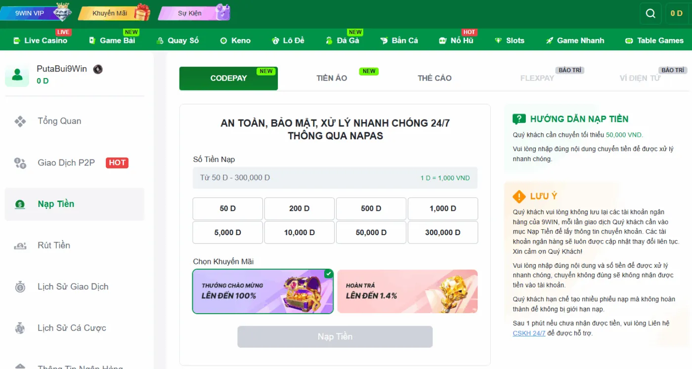 Nạp tiền để có thể tham gia ngay game casino tài xỉu đình đám