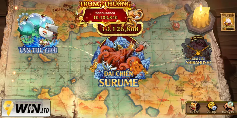 Người chơi săn cá trong bối cảnh đại dương với tàu cướp biển và kho báu