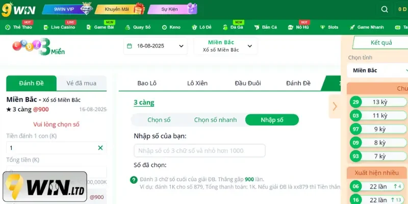 Trả thưởng lô 3 càng các miền tại 9Win